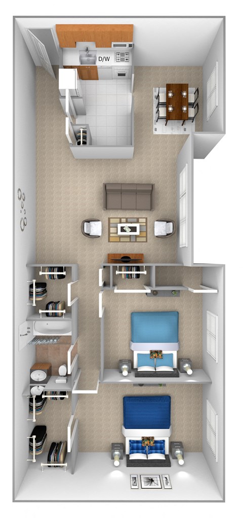 Floor plan for 2 beds, 1 bath, 899 sqft